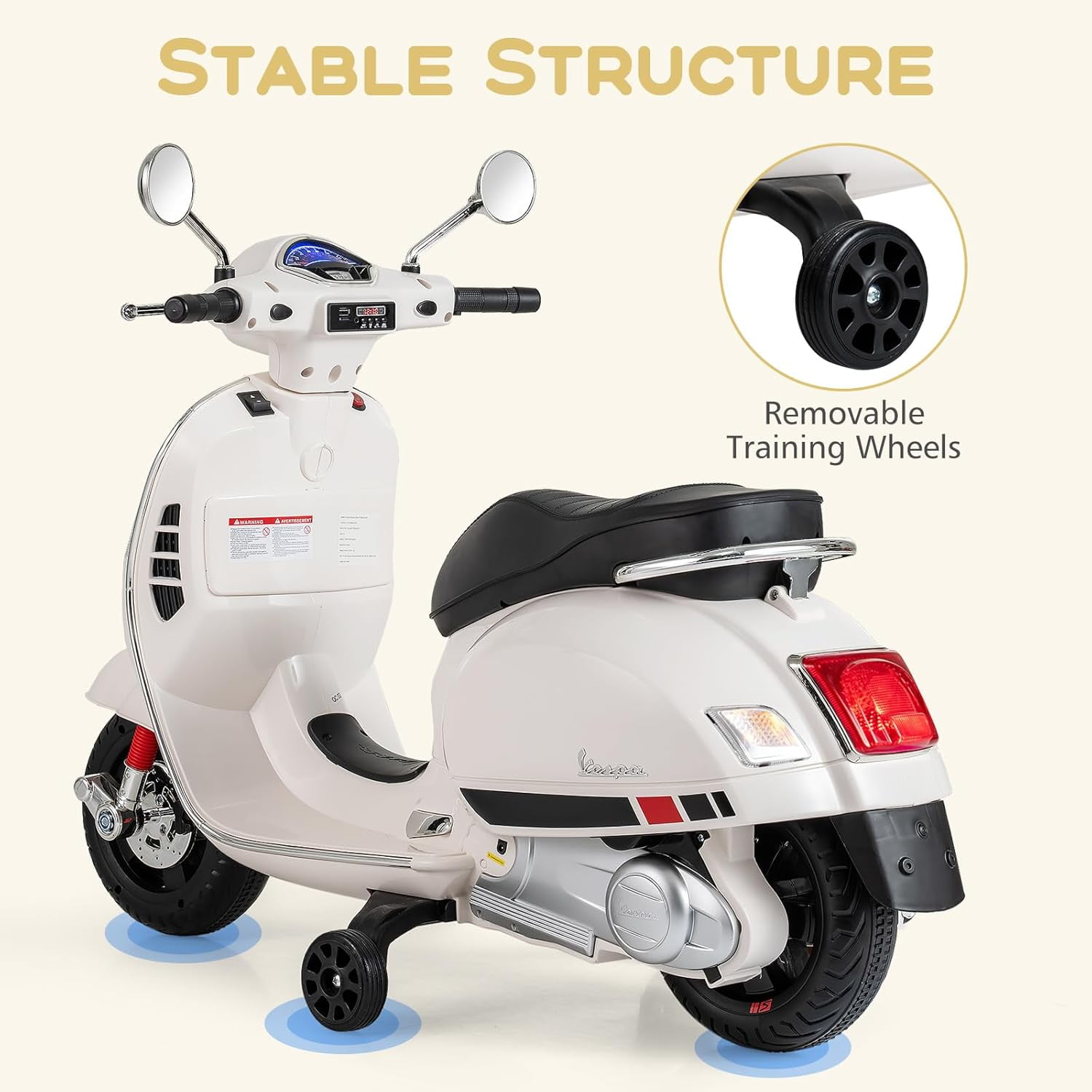 Licensed Vespa 12V Kids Motorcycle by OLAKIDS with Training Wheels, Music, Story, Horn, Lights for 3-6 Years