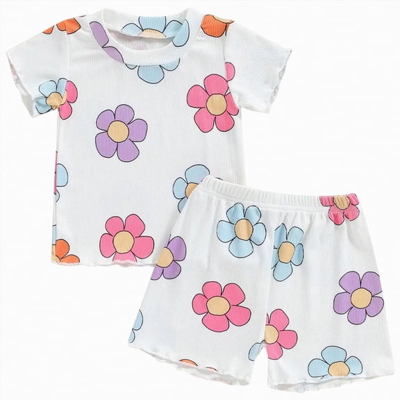 ZHANGDER Toddler Infant Baby Girls Summer Clothes Ribbed Knit Cute Outfits Set Short Sleeves T-Shirt Tee Tops Shorts, White 12-18M
