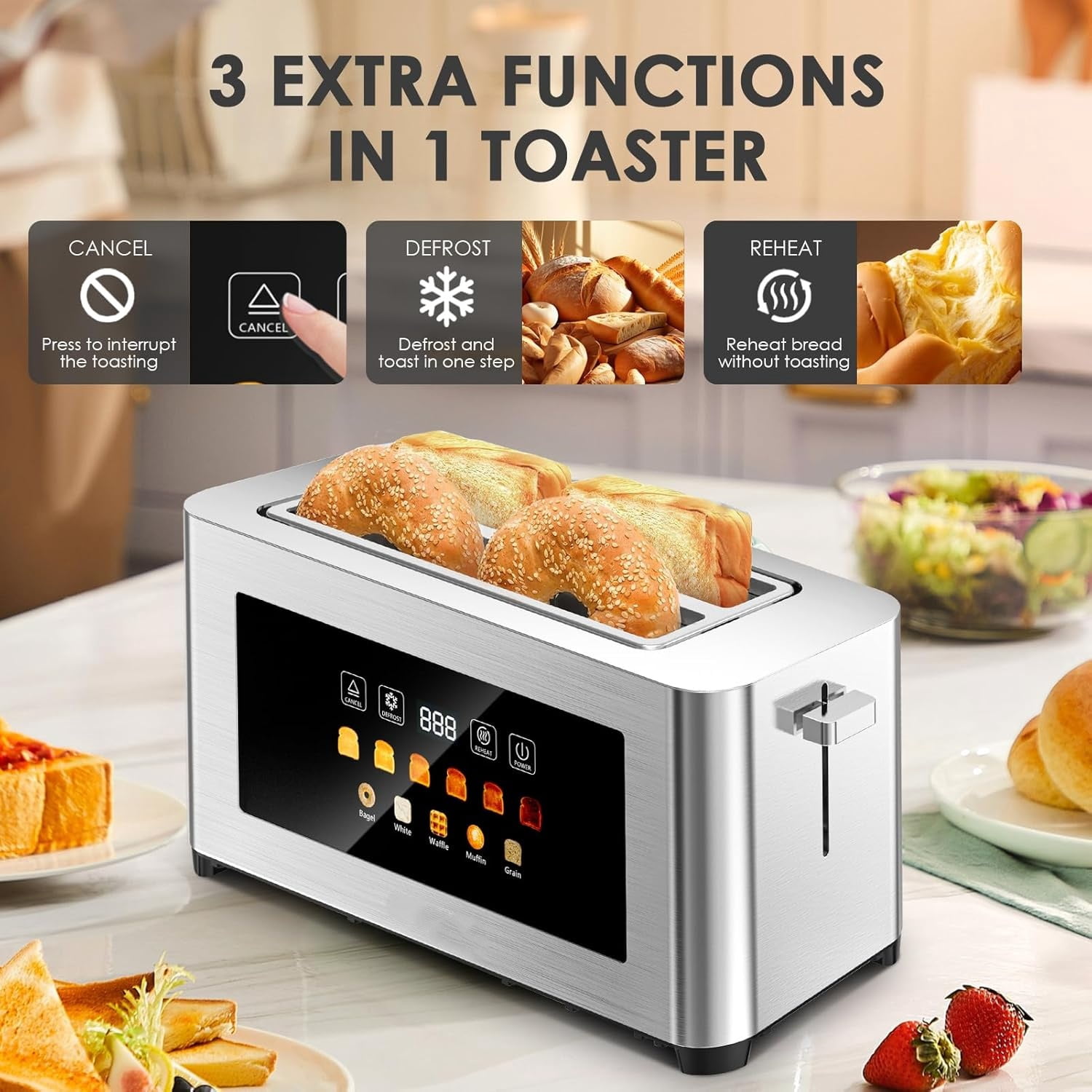 Maircle Toaster 4 Slice, Long Slots 1.5" Extra Wide Slots for Bagels & Waffles, TouchScreen, 6 Browning Levels, Timer, Defrost, Cancel Function, Auto Shut-Off, Removable Crumb Tray, Stainless Steel
