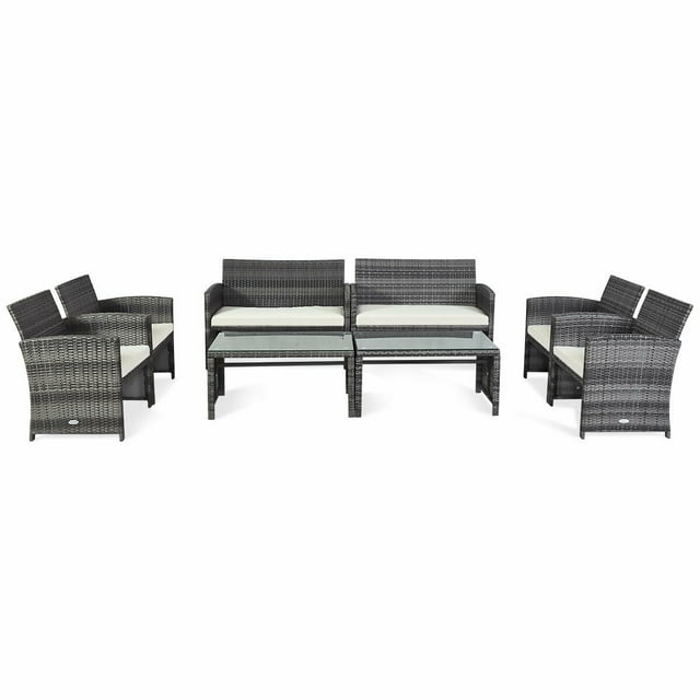 Gymax Ensemble de Mobilier d'Extérieur en Rotin pour Patio 8 Pcs avec Chaise Rembourrée, Causeuse, Table