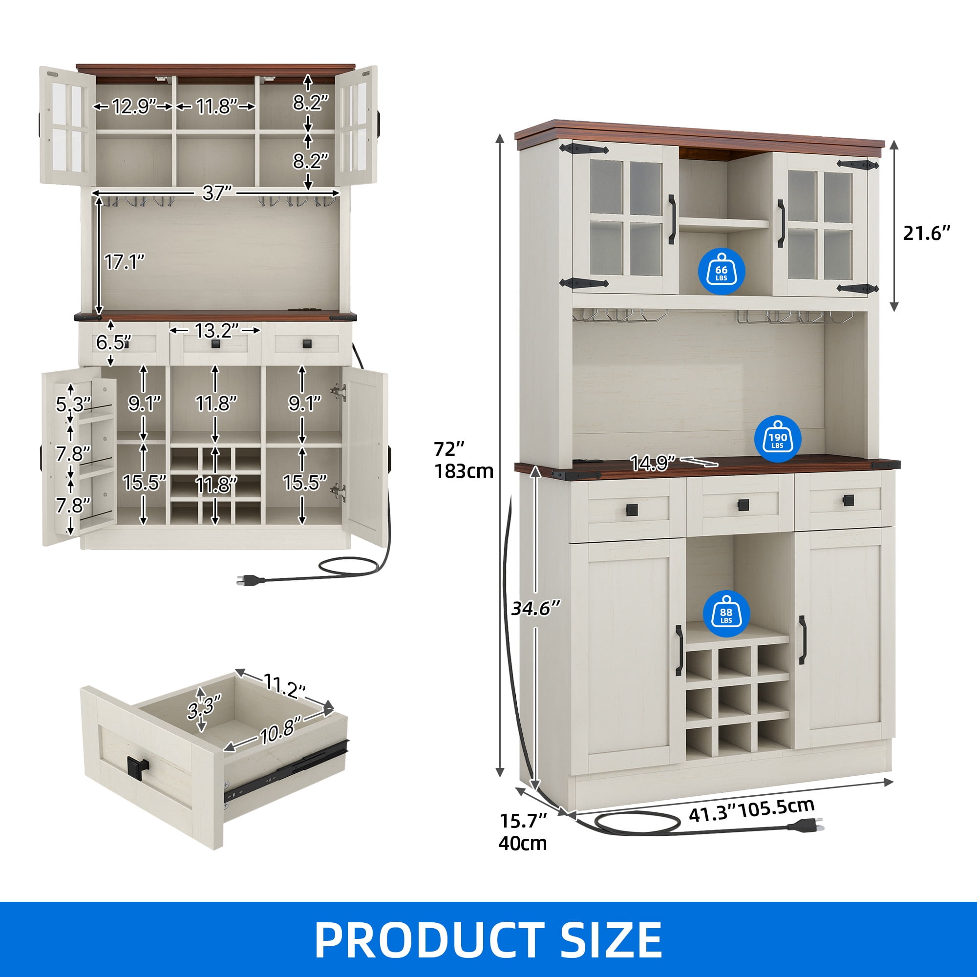 Uforic Bar Cabinet with Wine Rack & LED Lights, Wine Buffet Cabinet with Drawers & Power Outlets, White