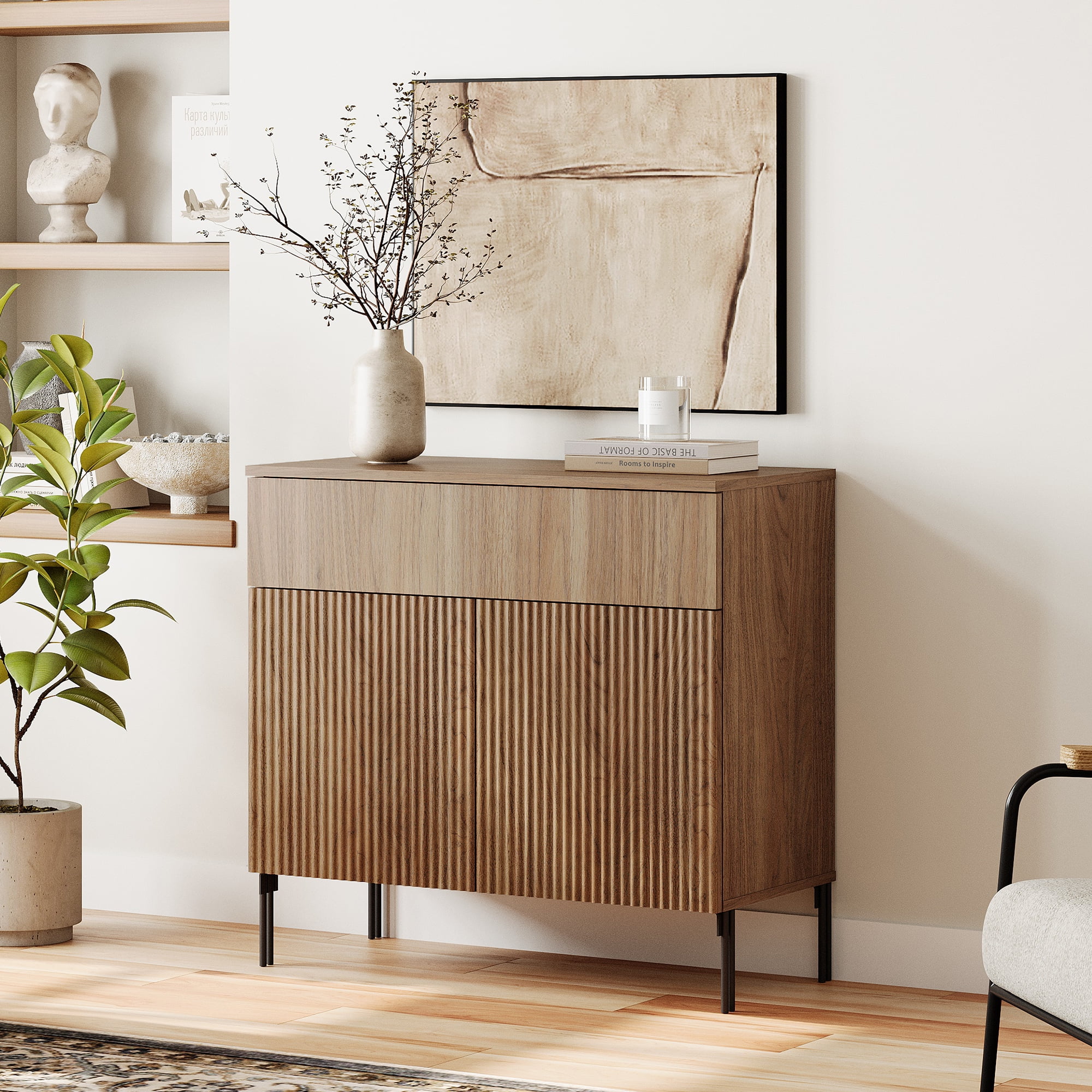 31.5" Reeded Accent Cabinet with 2 Doors and Drawer, Modern Credenza Storage Cabinet with Metal Legs for Living Room, Kitchen, Dining Room, Hallway