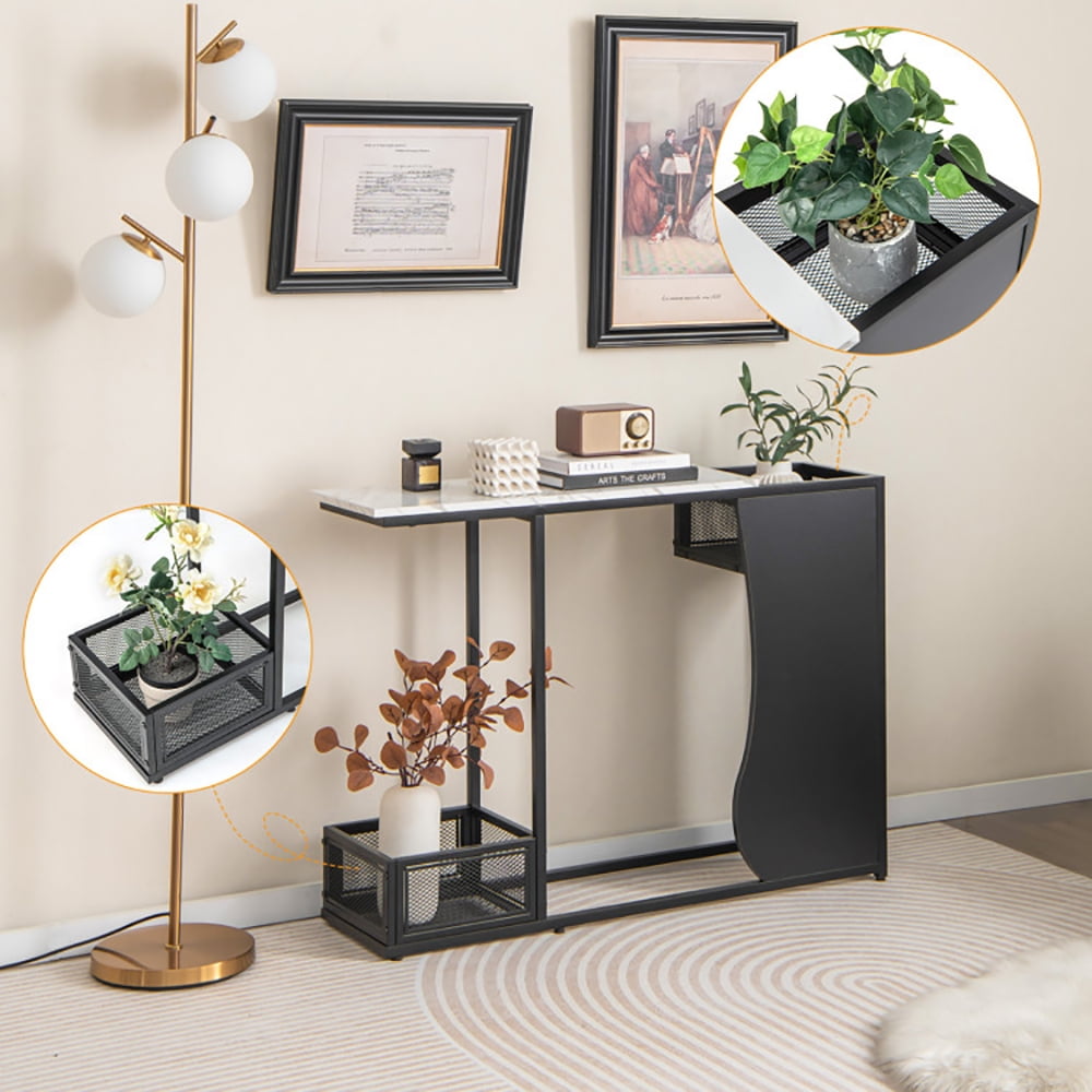 Spaco 43.5 Inch Console Table with Plant Position and Faux Marble Top-Black, Entryway Table Hallway Table, Storage-Friendly Hallway Table for Foyer & Entry Spaces