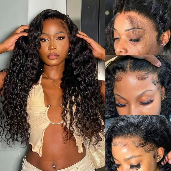 studyy 26 Inch Deep Wave Lace Front Wigs Human Hair 13x6 HD Transparent Lace Front Wigs Human Hair Curly Human Hair Wig 180% Density Glueless Wigs Pre Plucked Bleached K