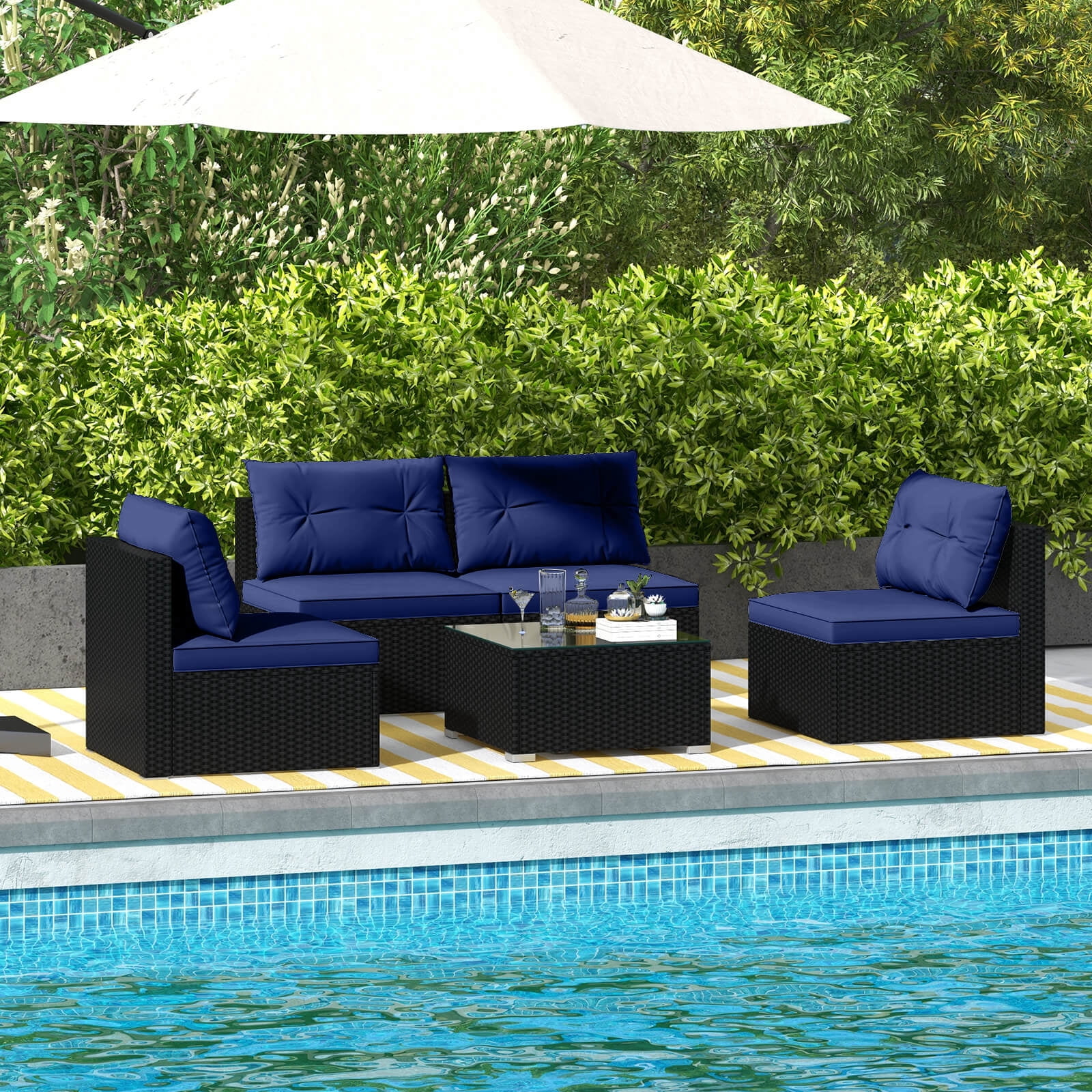 Costway 5 Piece Outdoor Furniture Set with Seat & Back Cushions Tempered Glass Tabletop Blue