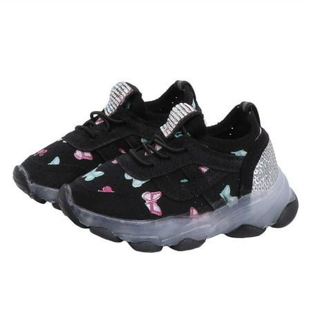 Juebong Children Kid Baby Girls Butterfly Crystal Led Luminous Sport Run Sneakers Shoes Black Size 12.5 M