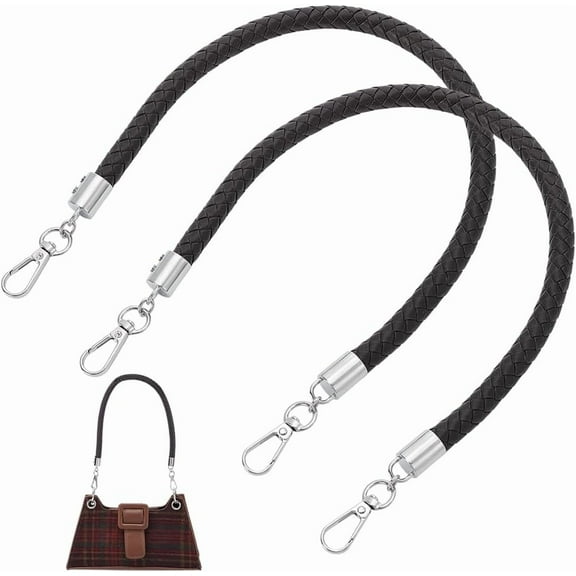 2Pcs Short Pu Leather Braid Bag Strap with Metal Swivel Clasps 52cm Black Handbag Shoulder Bag Handle Strap Purse Replacement Accessories for DIY Shoulder Bag Underarm Bag Black