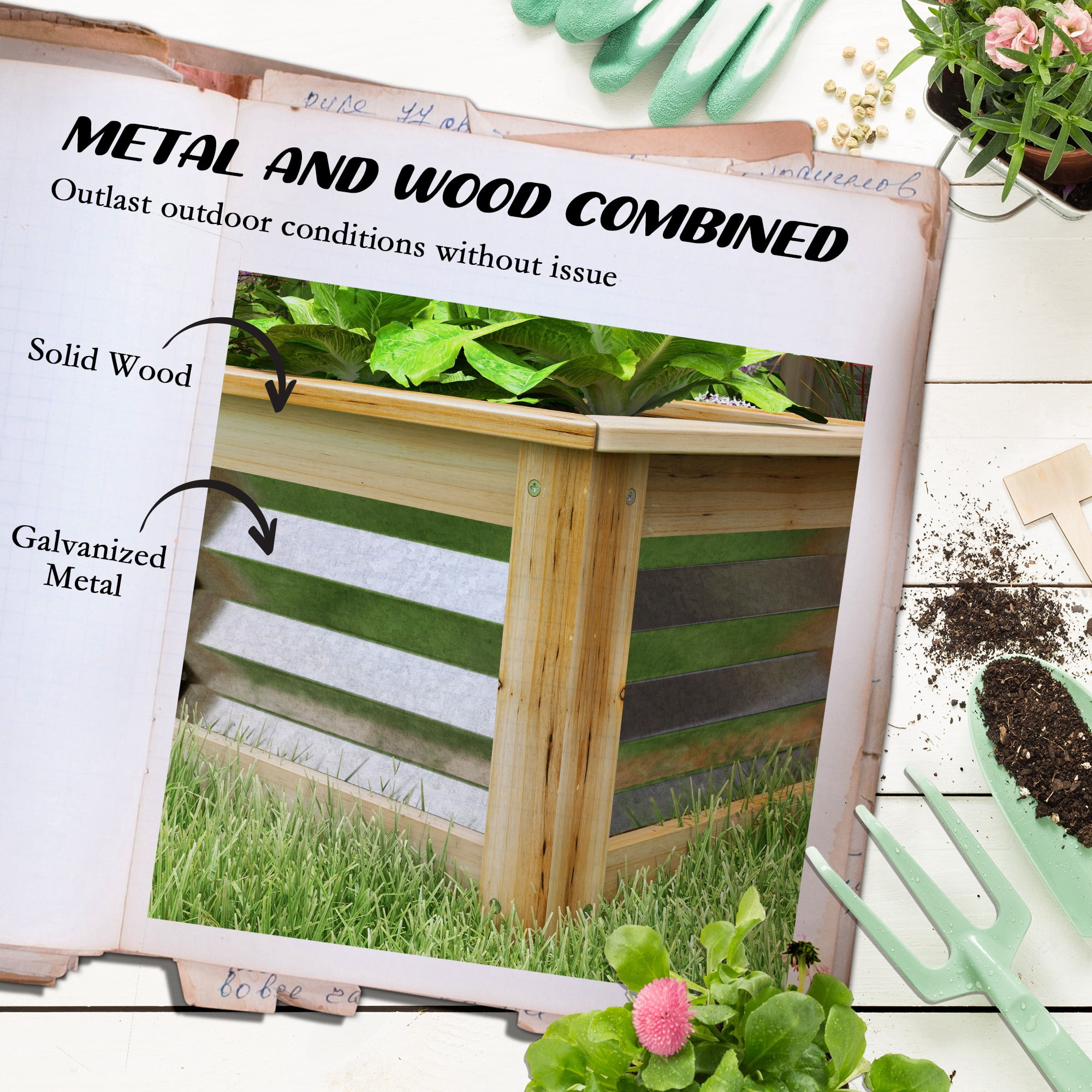 Outsunny Raised Garden Bed, Wood Reinforced Metal Planter Box, 2.6'