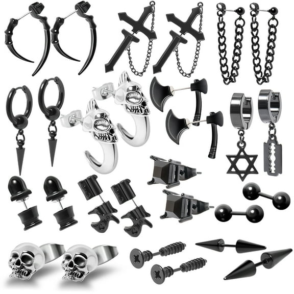 14 Pairs Men's Earrings Set Gothic Punk Y2K Earrings Set Goth Earrings for Women and Men Black Earring Black Stainless Steel Earring with Cross, Axe, Skull Heads