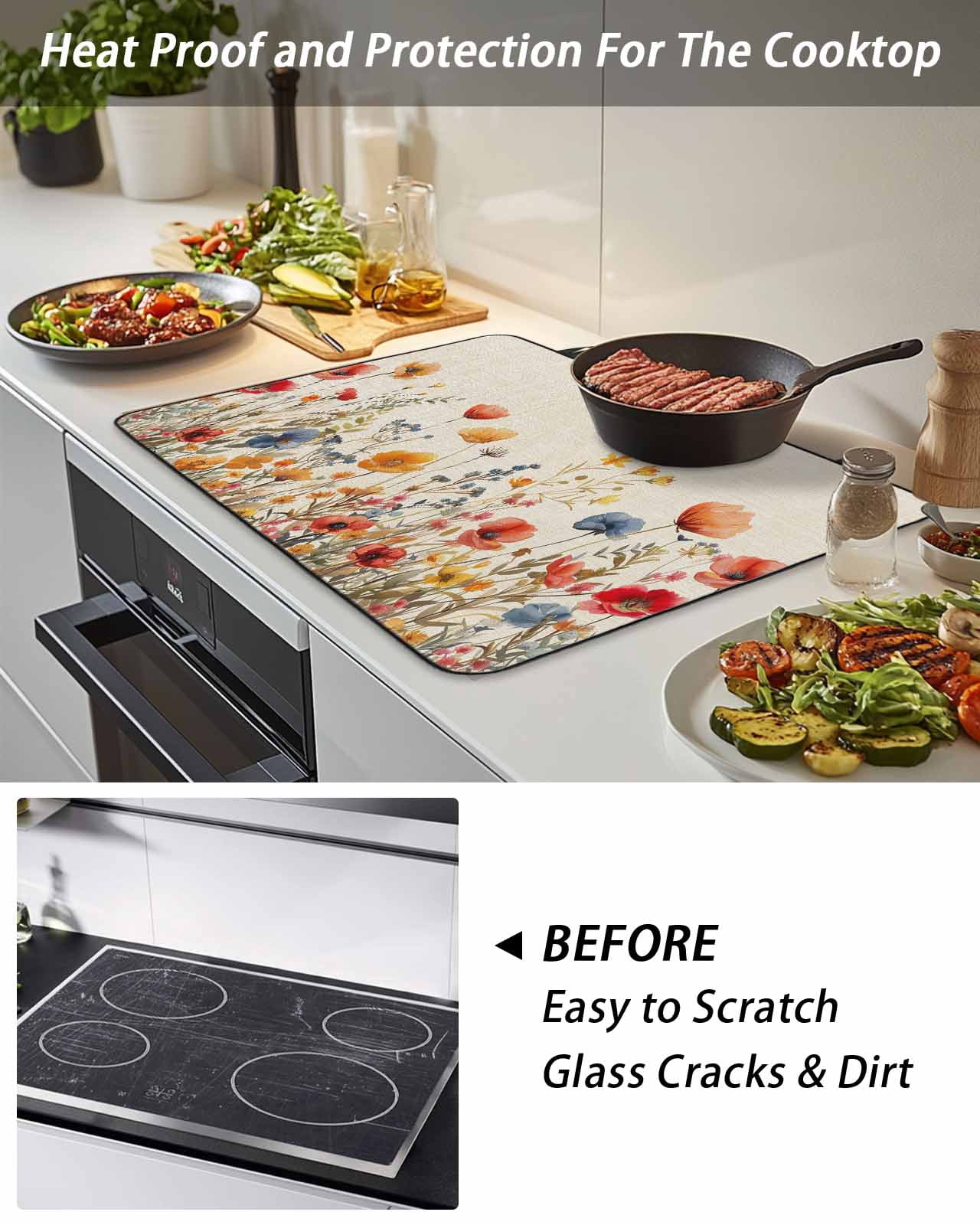 Stove Top Covers for Electric Stove,Yellow Red Blue Spring Floral Glass Stovetop Cover Protector,Watercolor Botanical Summer Flowers Cooktop Protector Oven Mat for Kitchen Countertop 28.5"x20.5"