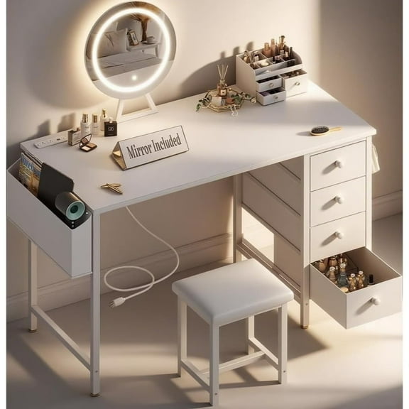 JEZWX White Vanity Desk with Mirror and Lights, Makeup Vanity Set with Chair, 4 Large Fabric Drawers, Power Outlet and Storage for Girls Bedroom