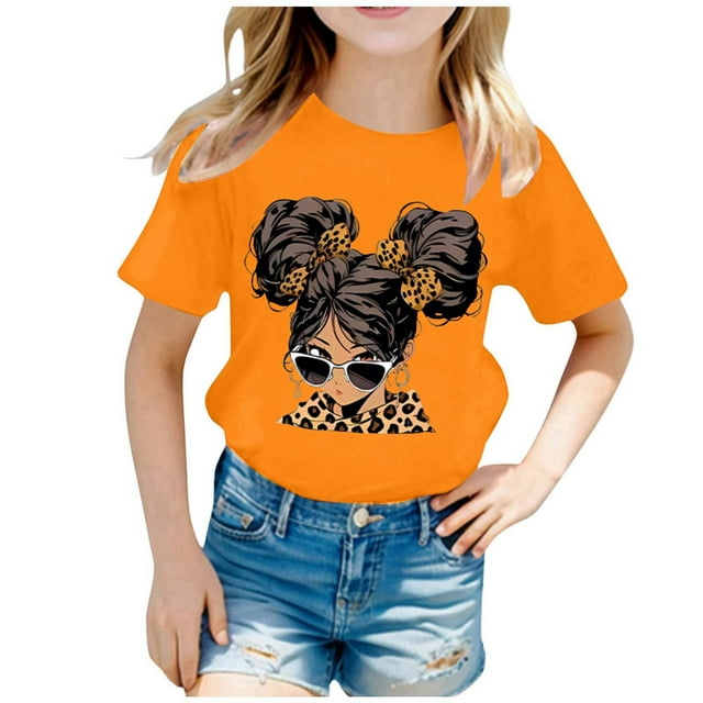 LUOGENLI T-Shirt pour Filles Enfant Filles Mignon Mode Imprimé Col Rond Ample Manche Courte Tee Été Décontracté T-Shirt Hauts Maxi Hauts Ensembles Filles Tenue 2 Pcs Plage Orange 12-14 Ans