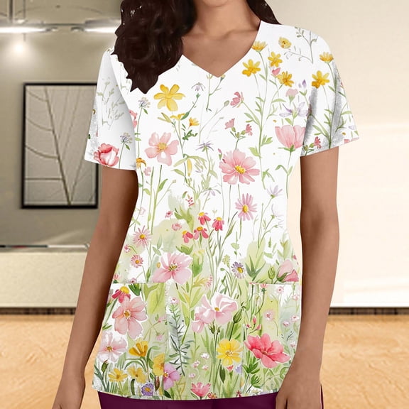 Yotami Breathable Scrub Tops for Women with Pocket Lightweight Plus Size Tops for Nursing V-Neck Short Sleeve Floral Print Tops, Multicolor, L