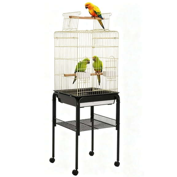 Bird Cage, 57‘’H Open-Top Durable Bird Cage w/Rolling Stand, Removable Tray, Extra Storage Stand, Brakable Casters