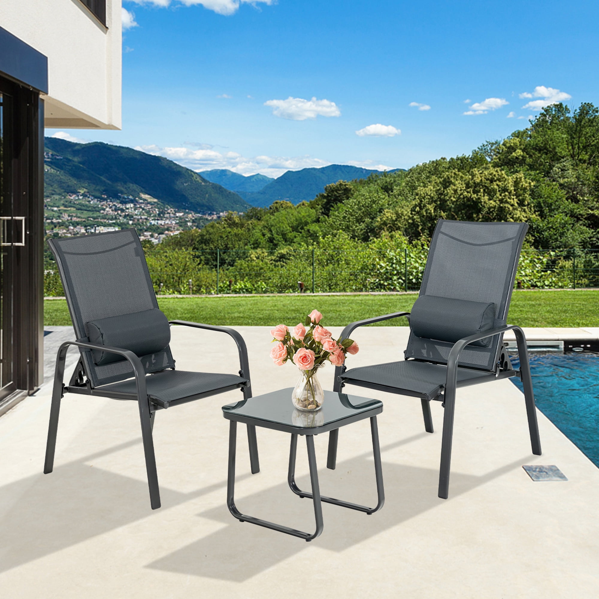 Gymax Grey 3PCS Outdoor Bistro Set Patio Conversation Set w/ Adjustable Backrest