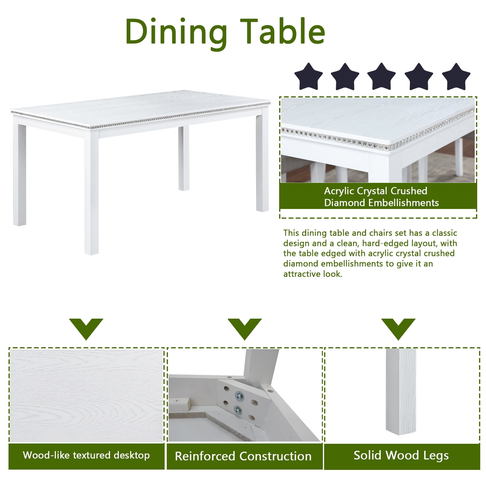 Aukfa Dining Table Set for 6, Rectangular Wood Kitchen Table W/ Crystal Decoration for Kitchen/Dining Room,White