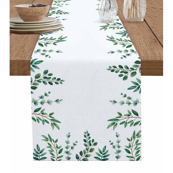 ERUNPONLY Eucalyptus Table Runner - 90 Inch Long Watercolor Green White Botanical Vines Leaf Cotton and Linen Blended Dress Scarves Farmhouse Table Runner for Kitchen Dining, Coffee Table, 13"x90"