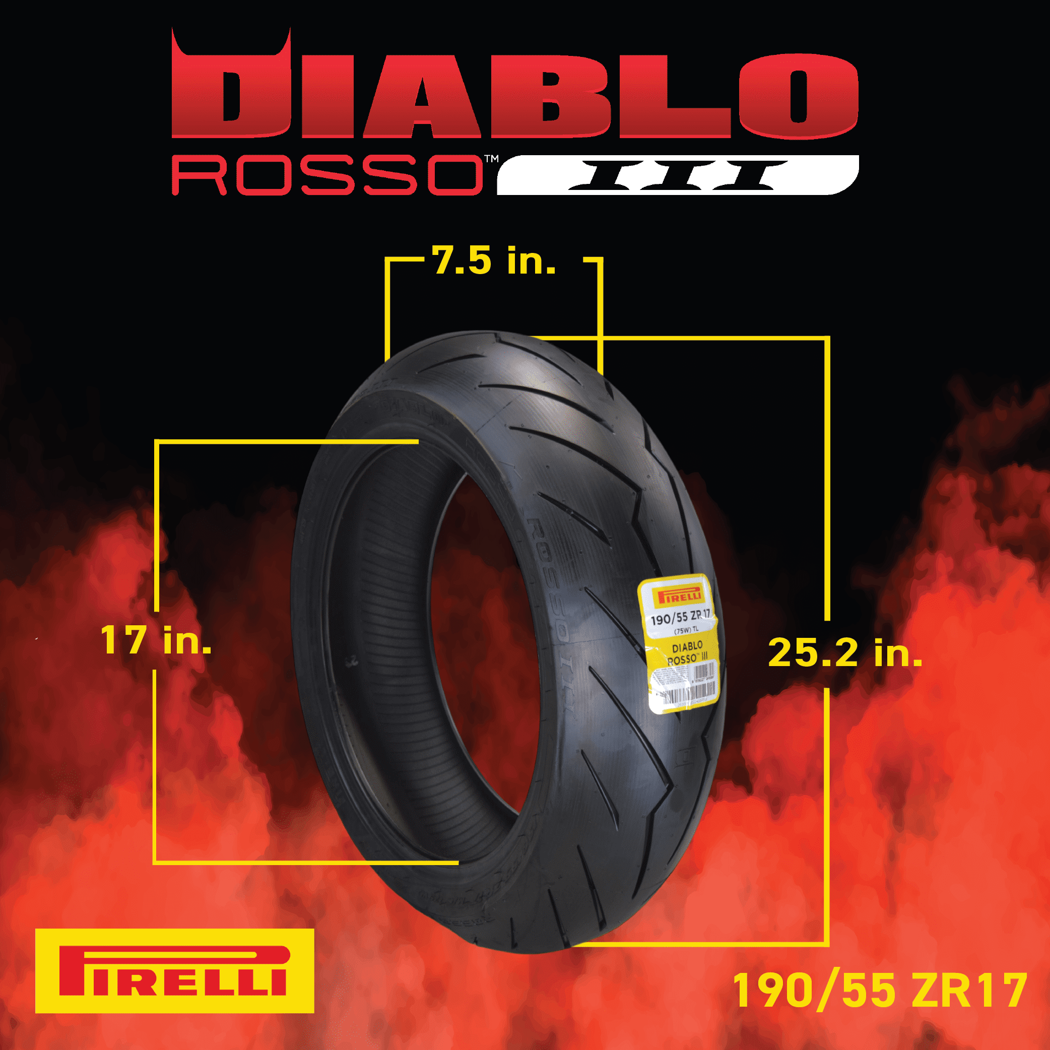 Pirelli Diablo Rosso III Motorcycle Tire, 190/55ZR17R, Rear, High