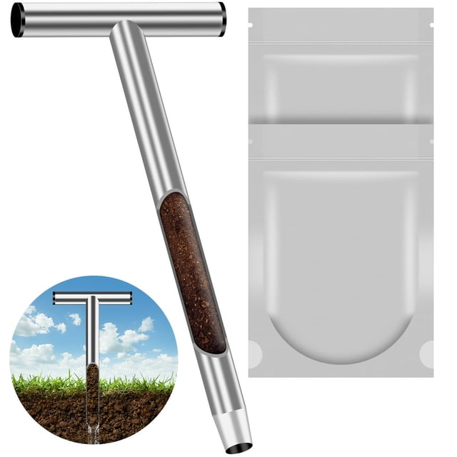 Soil Probe 304 Stainless Steel Soil Sampler with 2 Reusable Sample Bags T-Style Handle Soil Sample Probe for Soil Sampling Plant Care Agriculture