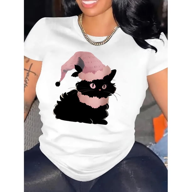 Chic Pink Hat Kitten Graphic Tee for Women - Casual Crew Neck Short Sleeve, Stretchy Polyester Blend, Machine Washable - Perfect Summer Top