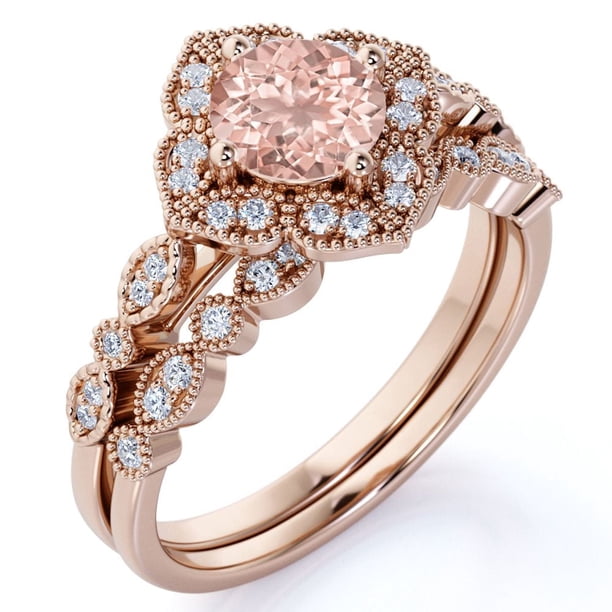 JeenMata Anillo Nupcial de 1,50 Quilates con Halo de Diamantes y Morganita de Talla Redonda Engastado en Oro Rosa: el Diseño Más Vendido por Menos de 500 Dólares