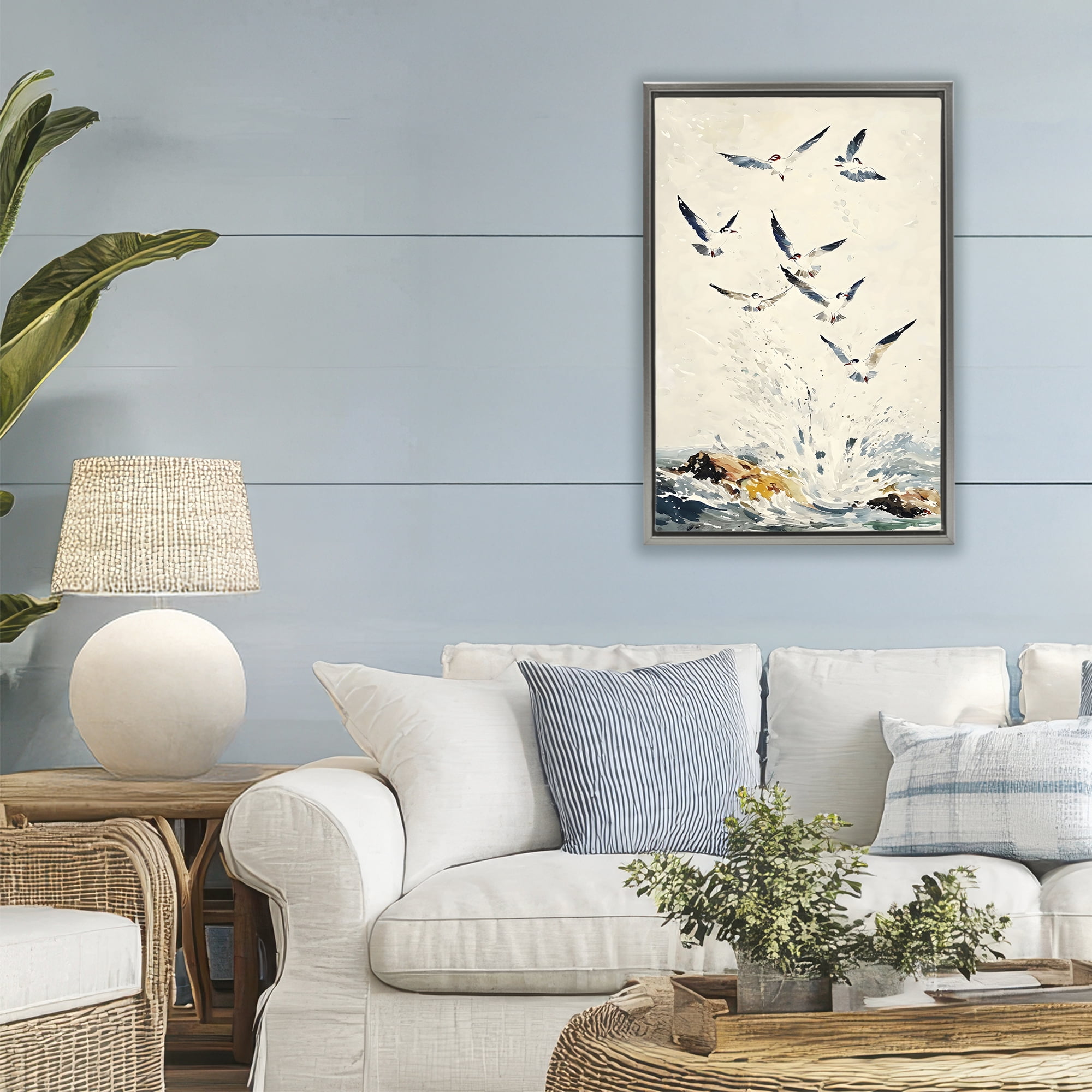 Stupell Industries Waves of Seagulls over Rocks Gray Framed Floater Canvas Wall Art, design by Creative Studio