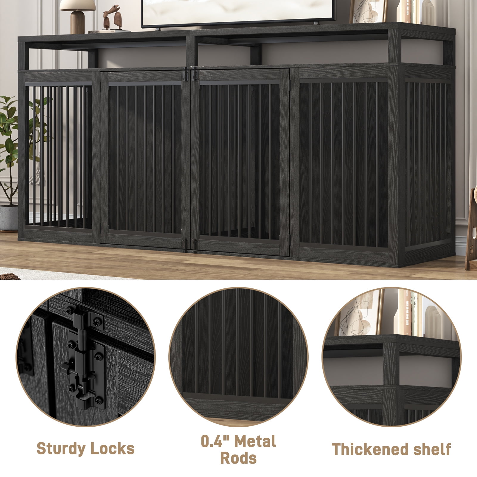 ChVans 87" Large Farmhouse Dog Crate TV Stand, Wooden Dog Crate Furniture with 4 Lockable Doors/Solid Metal Tube, XL-XXL Heavty Duty Dog Crates Furniture for 2 Medium or Large Dogs, Black