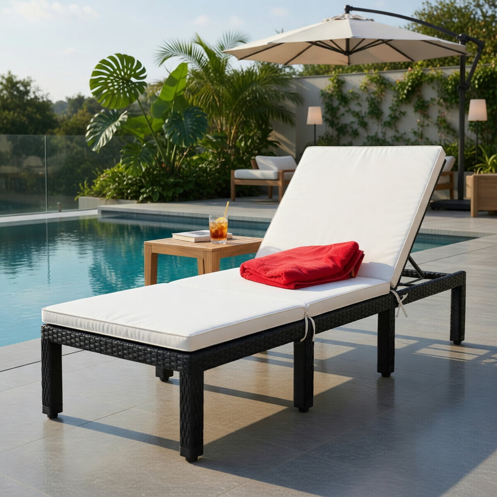 Hommoo Adjustable Height Outdoor Rattan Chaise Lounge Chair with Thick Cushion, PE Wicker Patio Lounger for Poolside, Garden, Porch, White