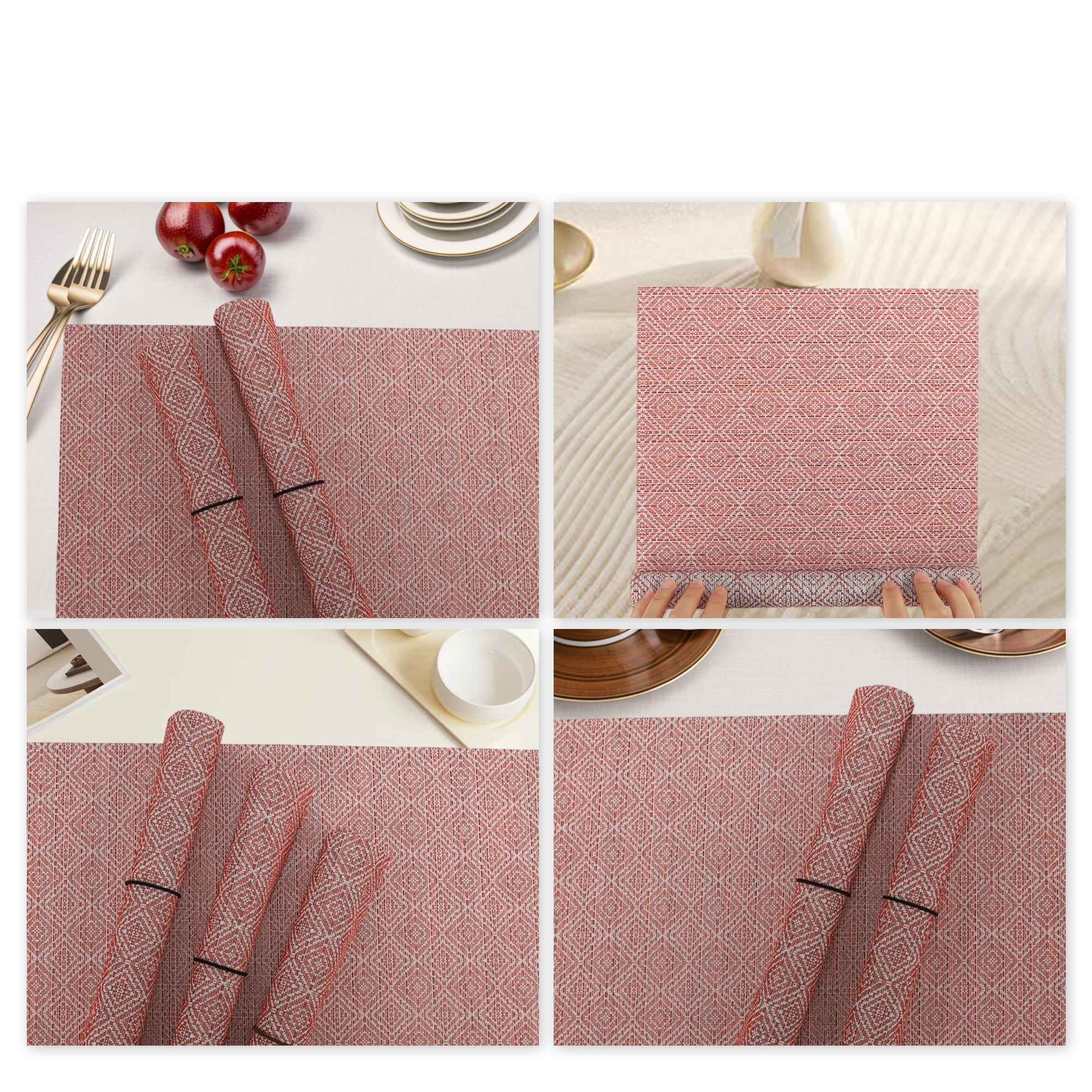 Unique Bargains 4 Pcs Diamond Pattern Polyester Heat Resistant Washable Placemats Red