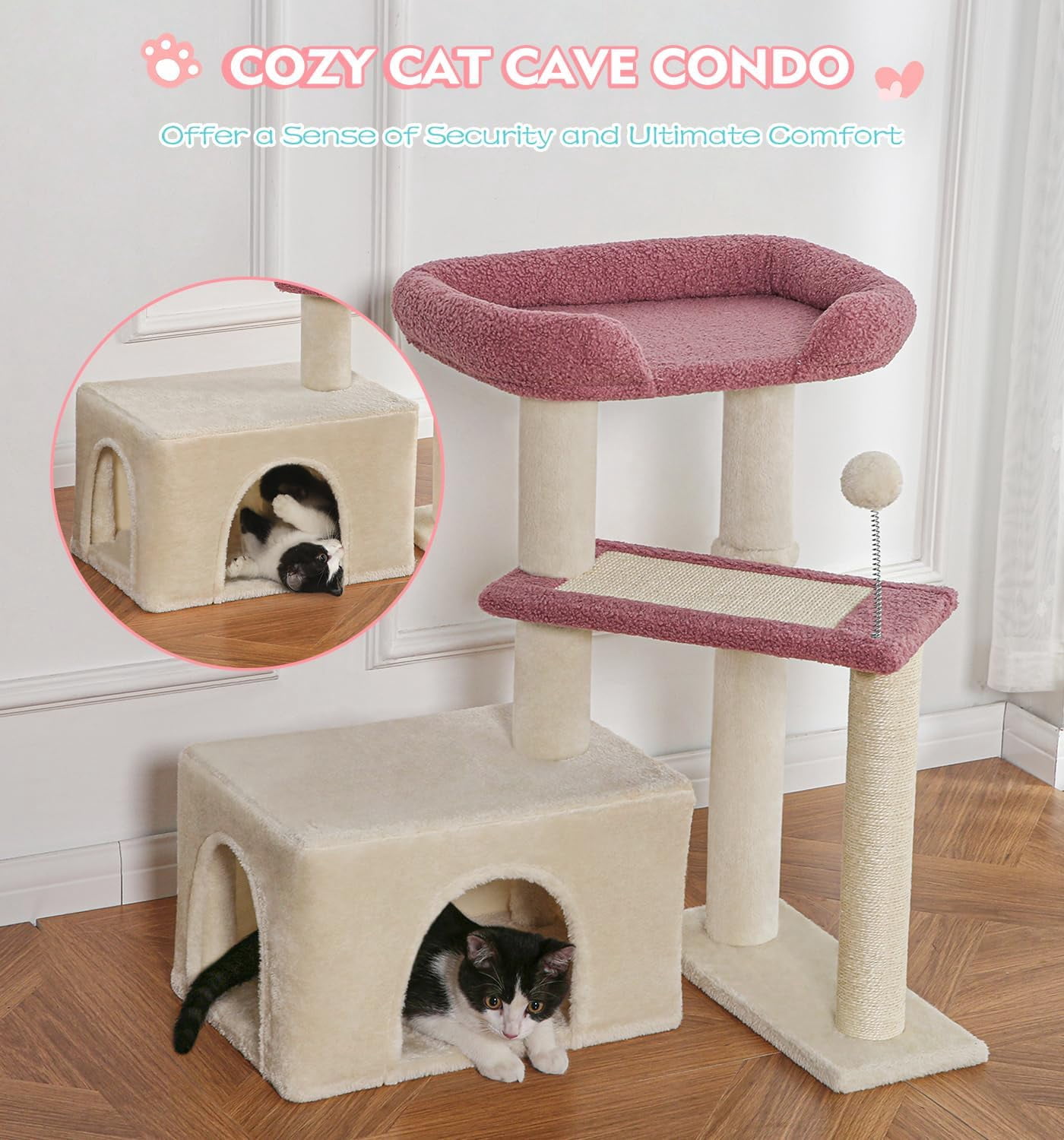 Made4Pets 29" High Multi-Level Climbing Furniture Carpet Cat Tree for Indoors Cats, Pink
