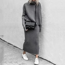 Riforla Fashion Winter 2 Piece Ribbed Knitted Wool Sweater Turtleneck Women Set Female Elegant Women Casual Dresses Matching Sets Women Clothing Grey XL