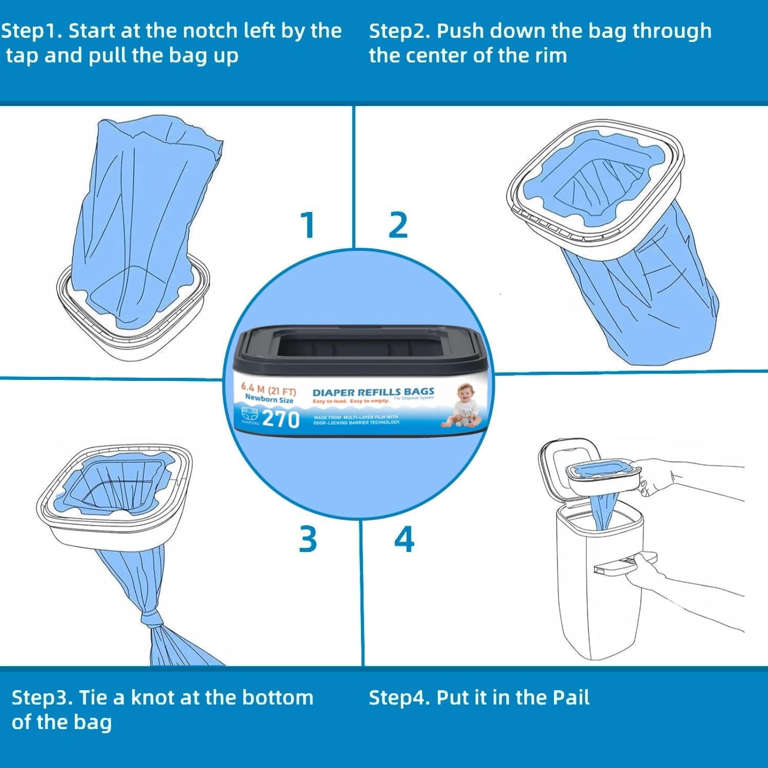 6 Packs Standard Square Refills Disposal Bags Refill Compatible with Diaper Genie Compact, Select Pails, Classic Version Pails, Hold Up to 270 Newborn-Sized Diapers Per Refill