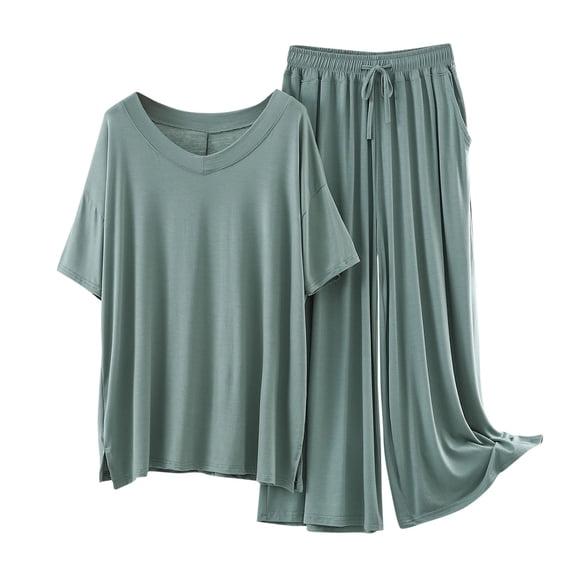Levmjia Womens Pajama Set Modal V-Neck Short Sleeve Wide Leg Pants Two Piece Sleepwear Loungewear Soft Comfortable Summer Nightwear