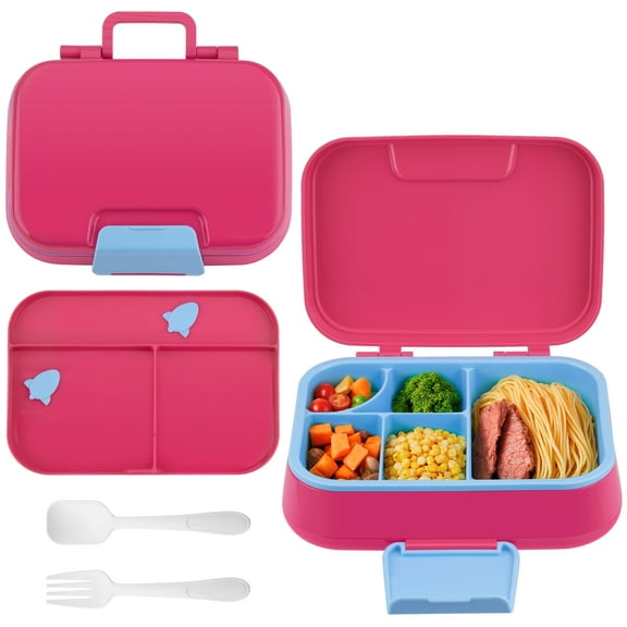 Mimifly Leak-Proof Kids Bento Lunch Box with 5 Compartments, Portable Food Container with Utensils, Microwave and Dishwasher Safe, Rose Red