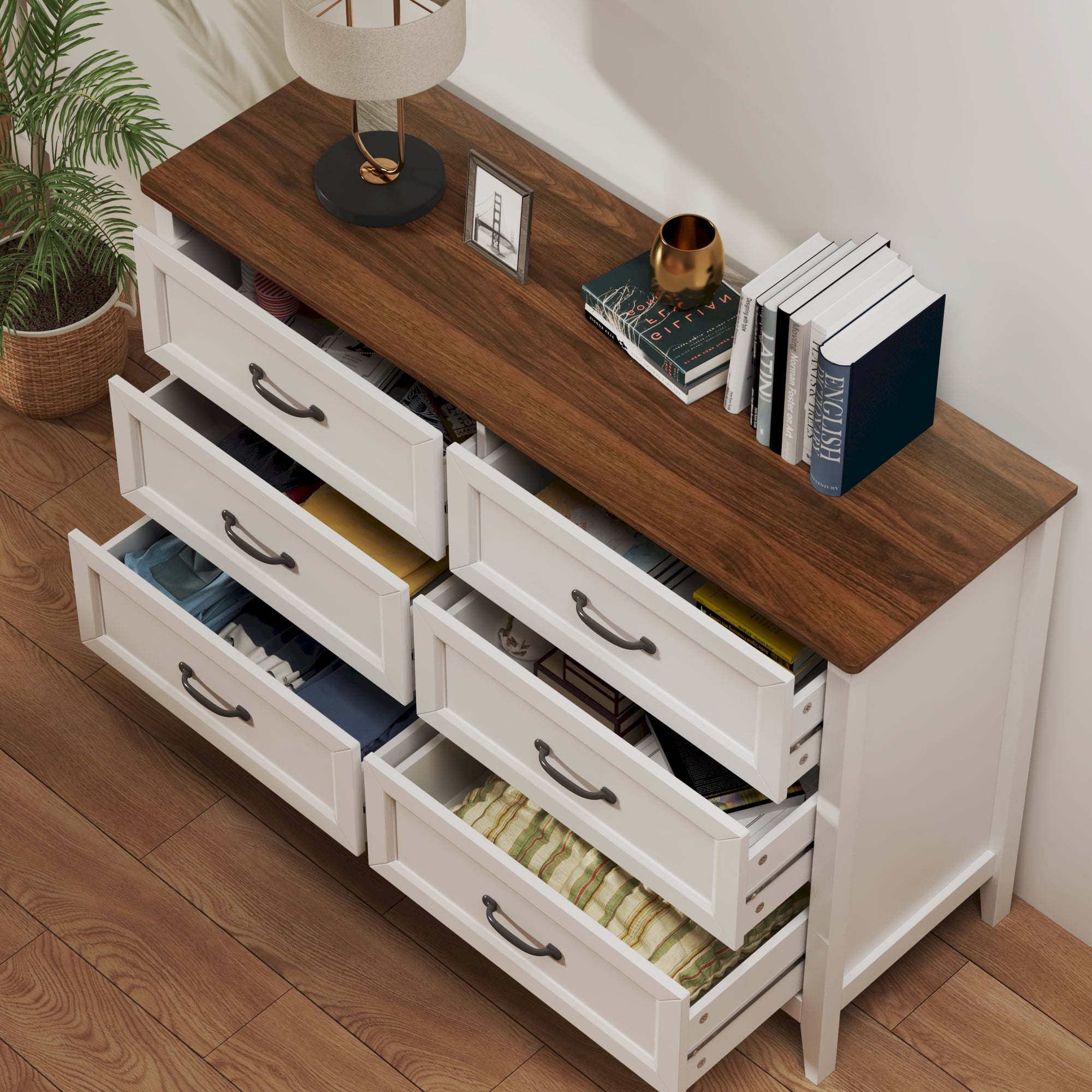 Aiho 6-Drawer Double Dresser - Modern Wood Chest with Anti-Tip Safety, Cutout Handles & Smooth Gliding Drawers | Nursery, Kids & Bedroom Storage - White