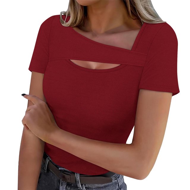 Lenpel T Shirts for Women Fashion Summer Short Sleeve Cutout Ribbed Knit Solid Color Slim Basic Tees Going out Tops