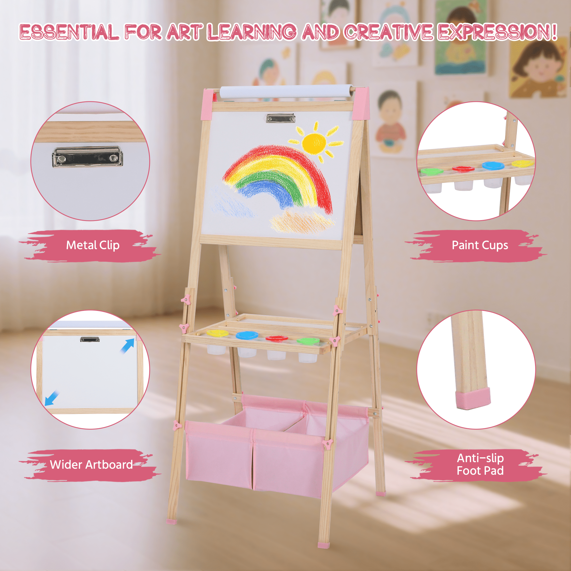 AILEEKISS Kids Art Easel Double-Sided Art Easel with Whiteboard and Chalkboard for Painting, Pink