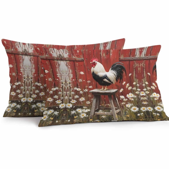 Outdoor Throw Pillows Covers 12X20 Set of 2 Waterproof Vintage Farmhouse Decorative Zippered Cushion Covers for Patio Furniture, Rooster Red Barn Daisies Lumbar Pillowcases Red