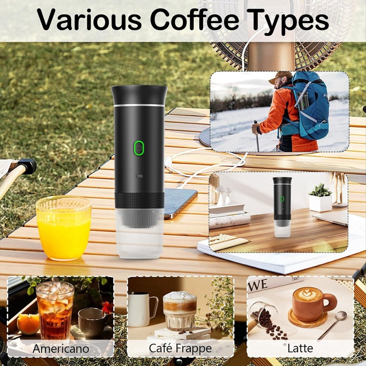 Wireless Electric Portable Espresso Coffee Machine Camping Coffee Maker Capsule Powder Travel Coffee Maker White,1 * portable coffee maker 1 * usb cable 1 * spoon,White