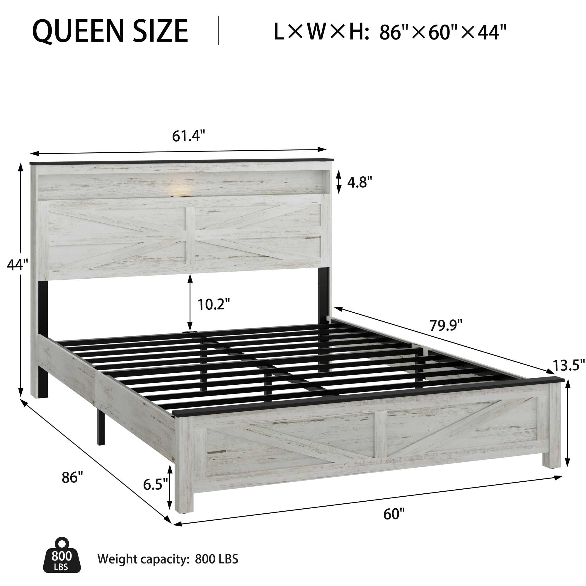 SESSLIFE Queen Bed Frame with Storage Headboard and Charging Station, Farmhouse Platform Bed with LED Strip Light, Metal Slats Support for 800 lbs, No Box Spring Needed, Antique White & Gray