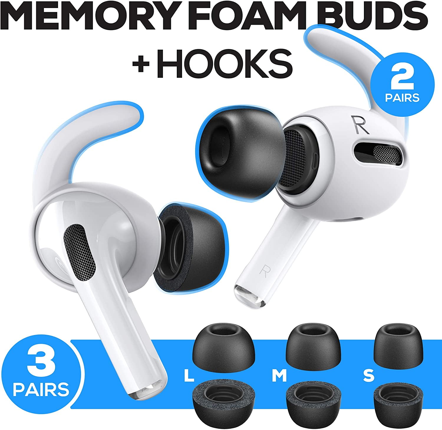 3 Pairs White Hooks Ear Hooks Accessorie for AirPods Pro and Memory Foam Ear Tips 3 Pairs S, M, L Black Buds for AirPods Pro