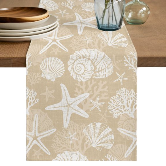 Starfish Beige Coastal Table Runner 72 Inches Long,Summer Nautical Shell Beach Cotton Linen Table Runners Dresser Scarves,Fabric Tabletop Scarf Furniture Cover for Home Dinner Party 13"x72"