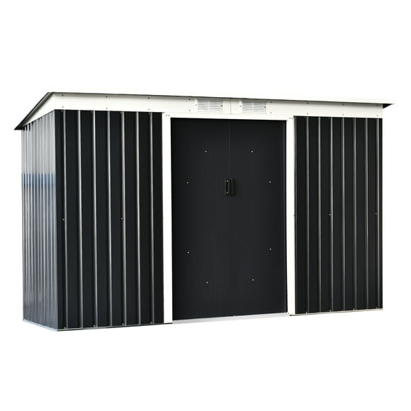Outsunny 9' x 4' Metal Storage Shed, Garden Tool House with Foundation Kit, Double Sliding Doors, Air Vents for Backyard, Patio, Lawn, Dark Grey
