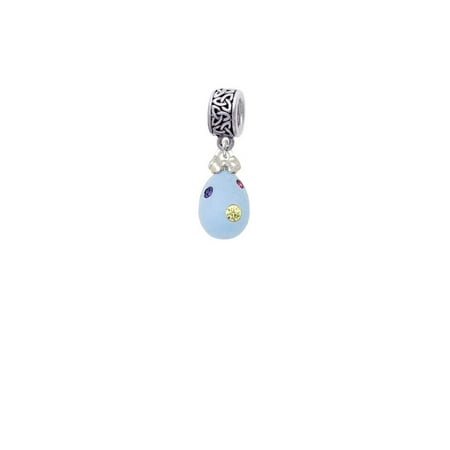 Easter Egg Bead - Silvertone Light Blue Easter Egg with Multicolored Crystal Dots - Celtic Knot Charm Bead