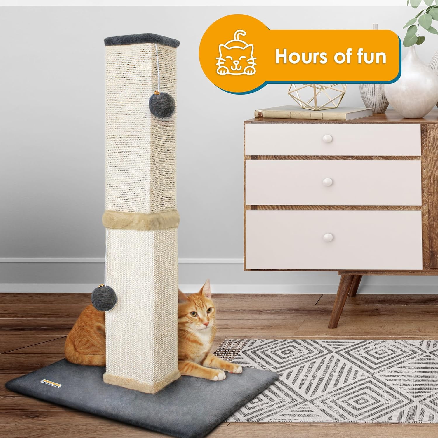 PAWBEE Cat Scratch Post Tower, 32” Tall, Sisal Scratcher with Jingle Bells & Plush Balls, Larger Base for Stability