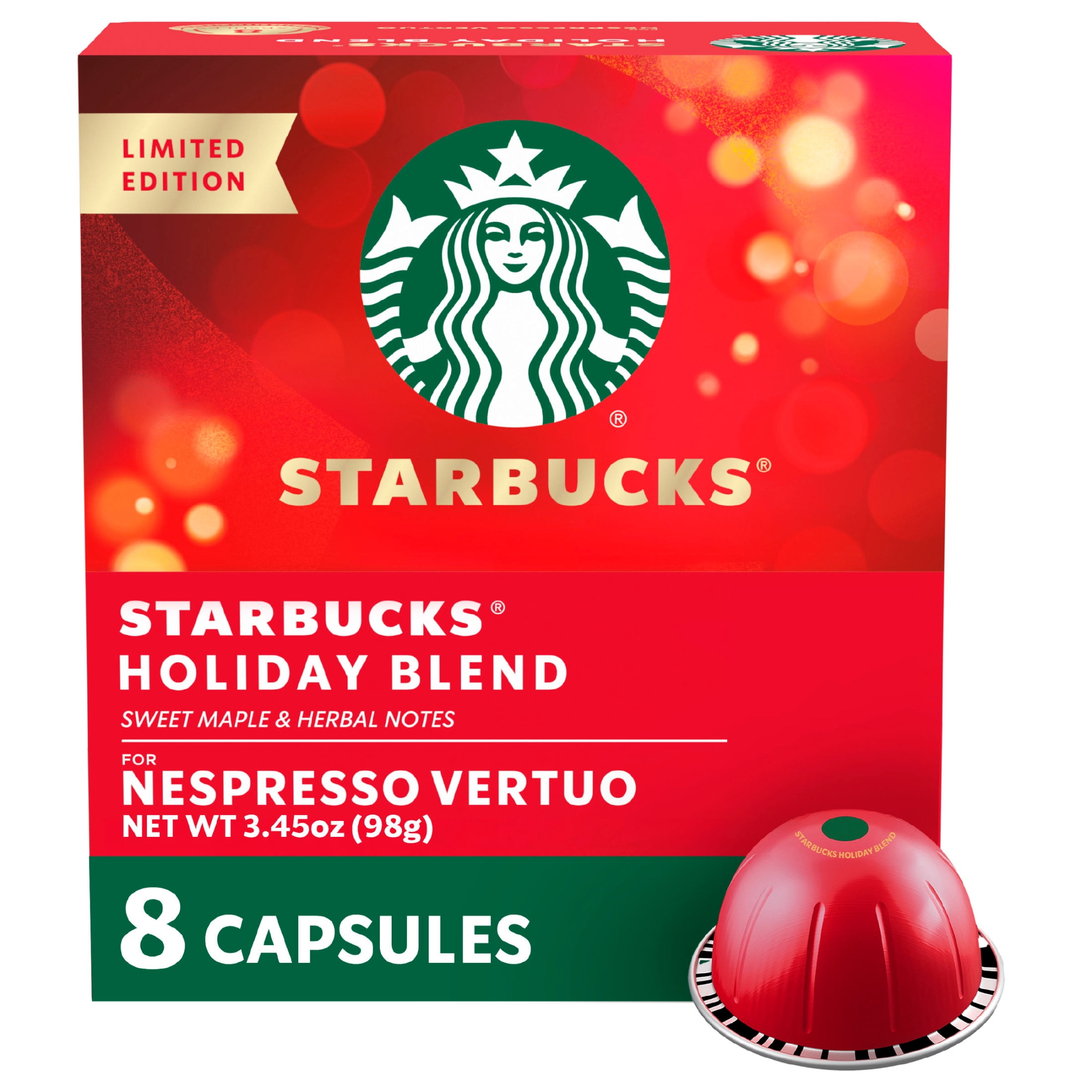 Nespresso Bundle, Vertuo Pop Machine and Starbucks Holiday Blend Capsules, 16 Pods