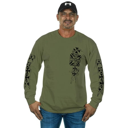 Graphic Designs Shirts JH Design Group Mens Graphic Print Iron Cross & Skull Design Long Sleeve Biker T-Shirt ()