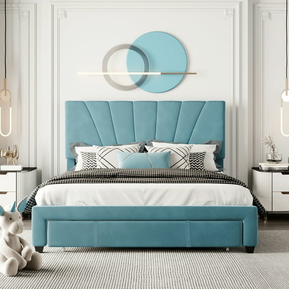 Queen Upholstered Platform Bed Frame with a Big Drawer, Wooden Slats Support Mattress Foundation, No Box Spring Needed, Queen in Velvet