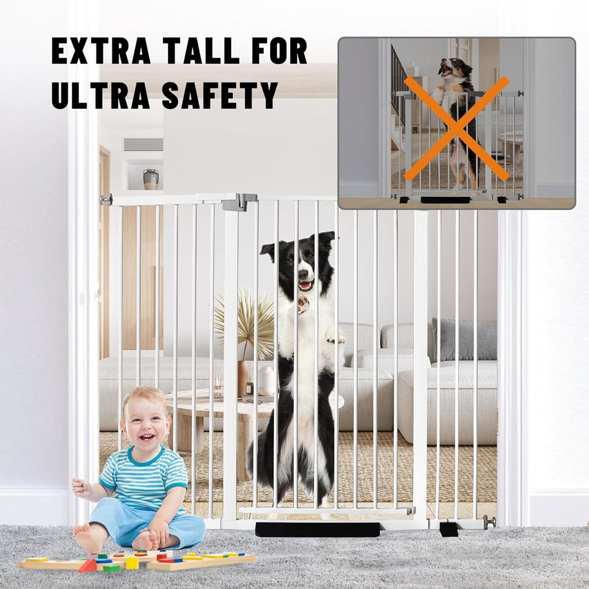 Magicorange Baby Safety Gate, Extra Tall 41 inch, Extra Wide 29.9" to 43.7" Pet Gate for Stairs and Doorway, No Drilling Pressure Mount Kit, White