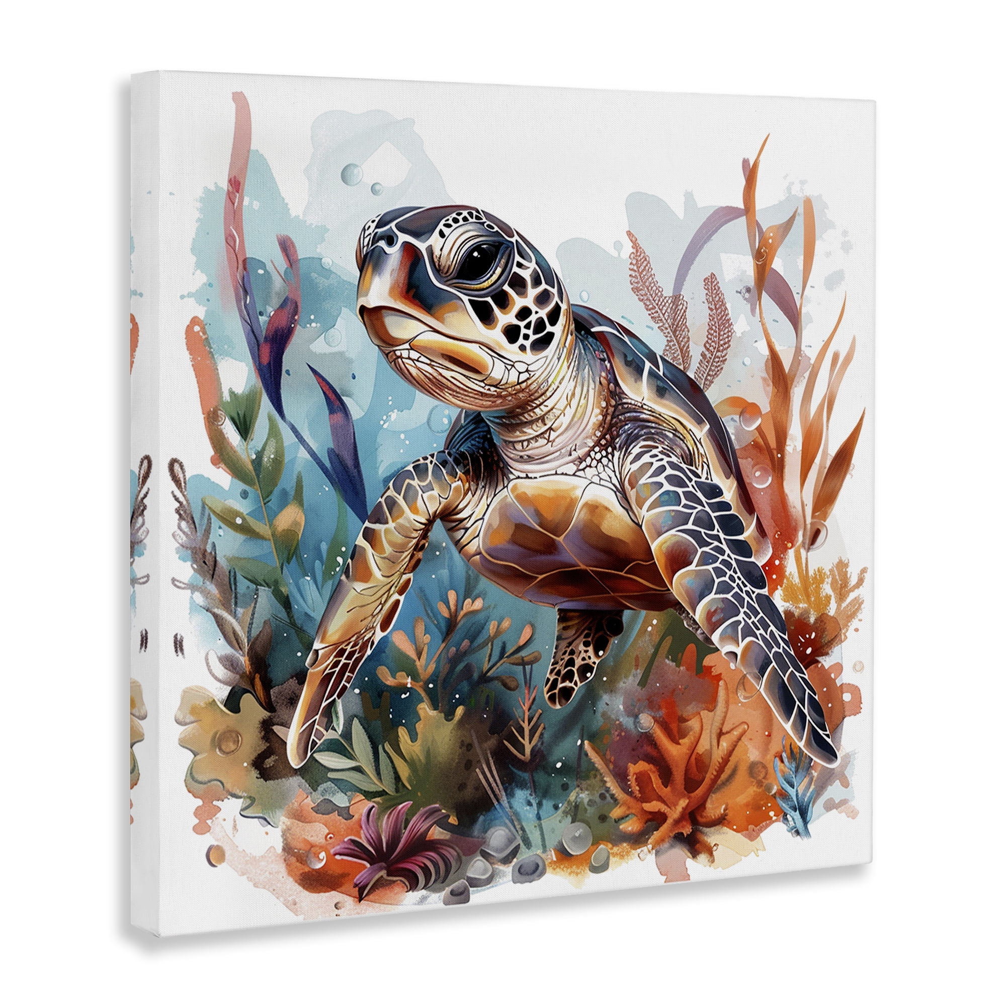 Stupell Industries Drifting Sea Turtle Animals Painting Wrapped Canvas Art Print Wall Art, 17 x 17
